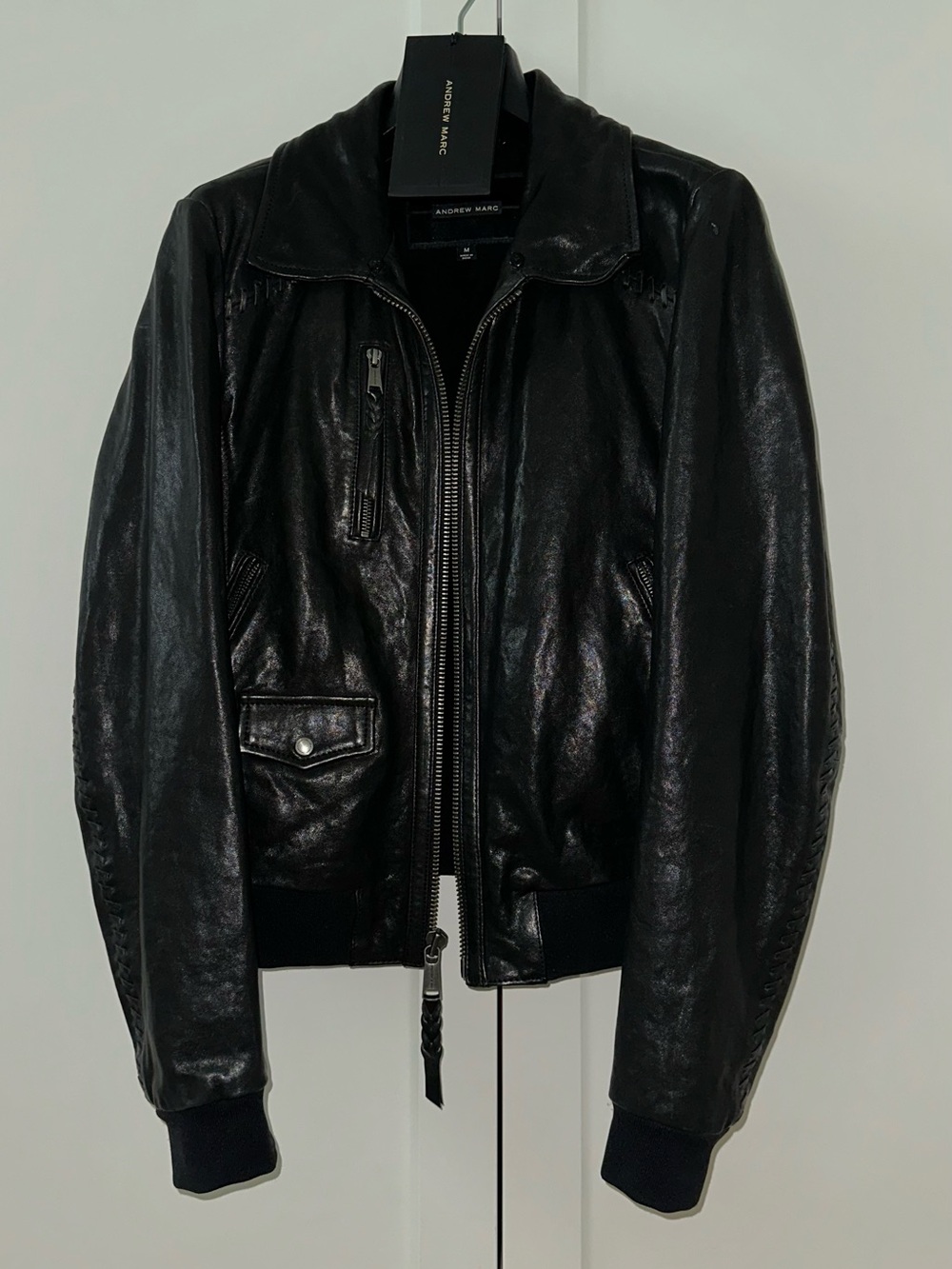 Andrew Marc Black Leather Bomber Jacket